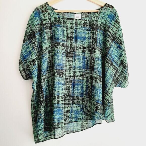 CABI Semisheer Asymmetrical Hem Light Blouse Top Green & Blue Sz L - Picture 10 of 10